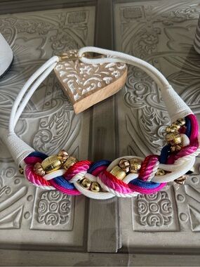 White Multicolor Braided Rope Necklace with Gold Bead Accents